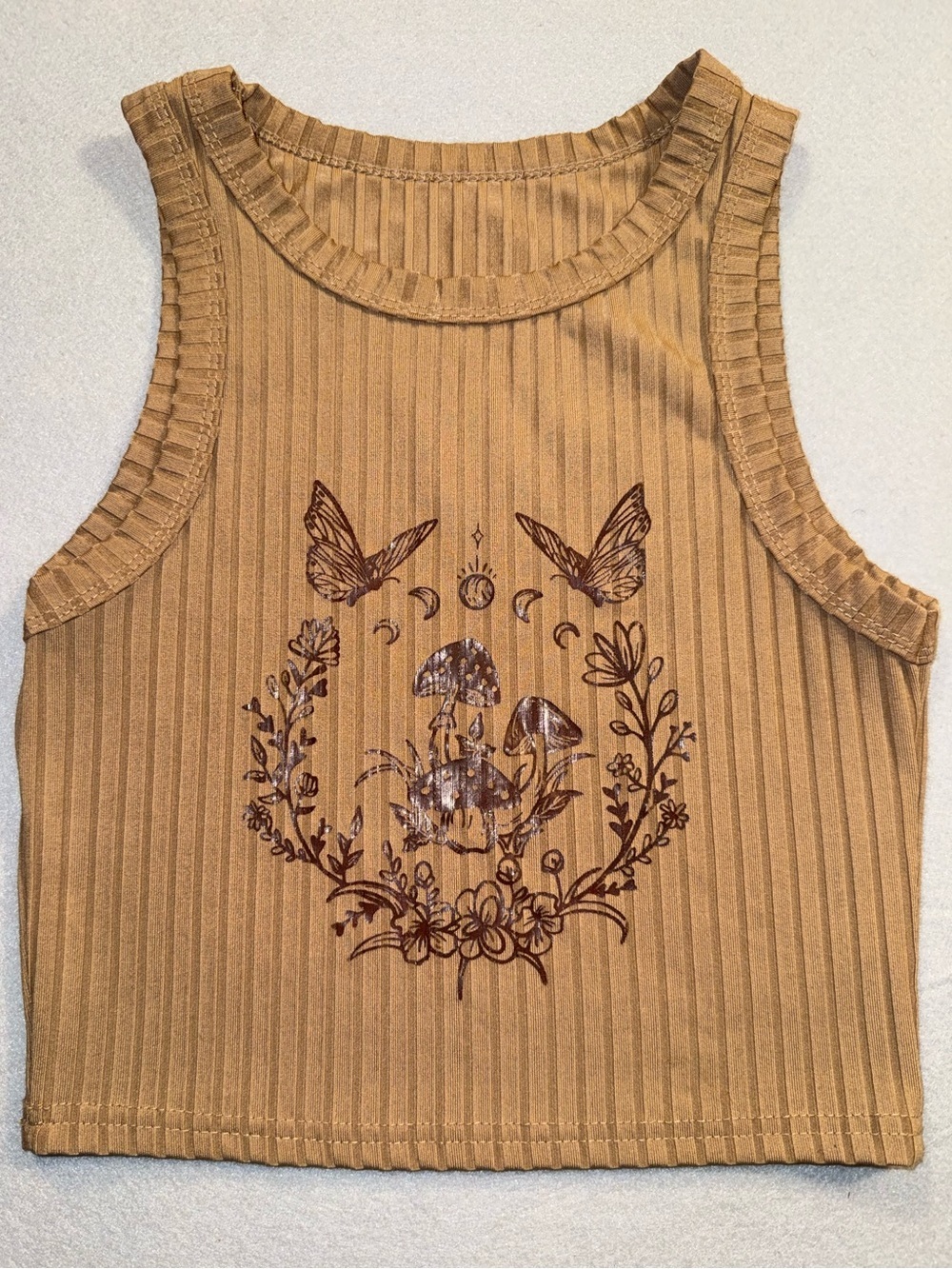 Womens Soft Ribbed Stretch Mushroom Butterfly Nature Moon Phase Crop Tank Brown